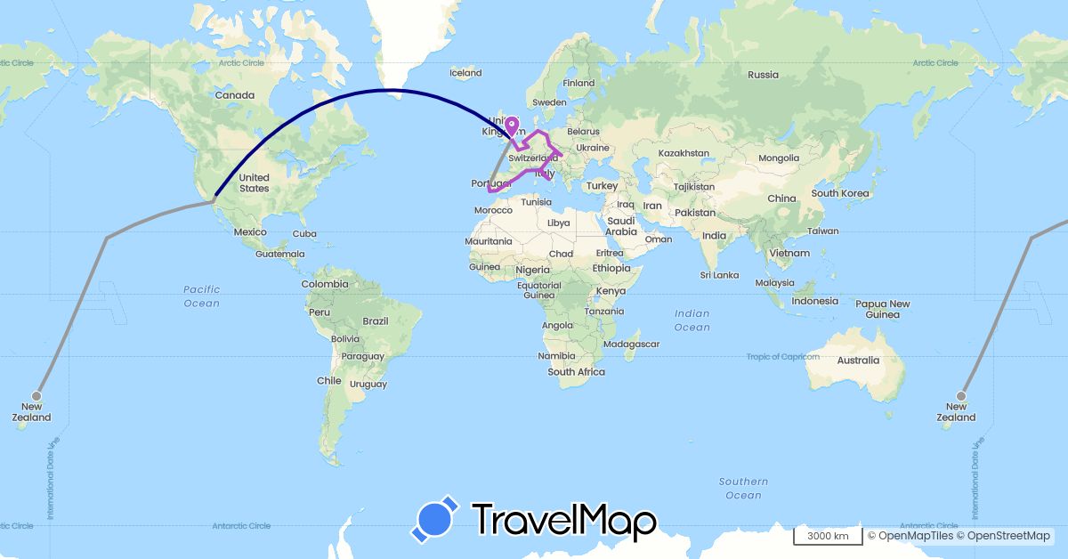TravelMap itinerary: driving, plane, train in Austria, Belgium, Czech Republic, Germany, Spain, France, United Kingdom, Hungary, Italy, Luxembourg, New Zealand, Portugal, United States (Europe, North America, Oceania)